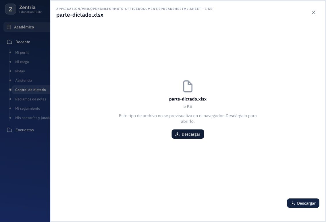 Visor de parte-dictado.xlsx: descarga disponible sin previsualizar las celdas.