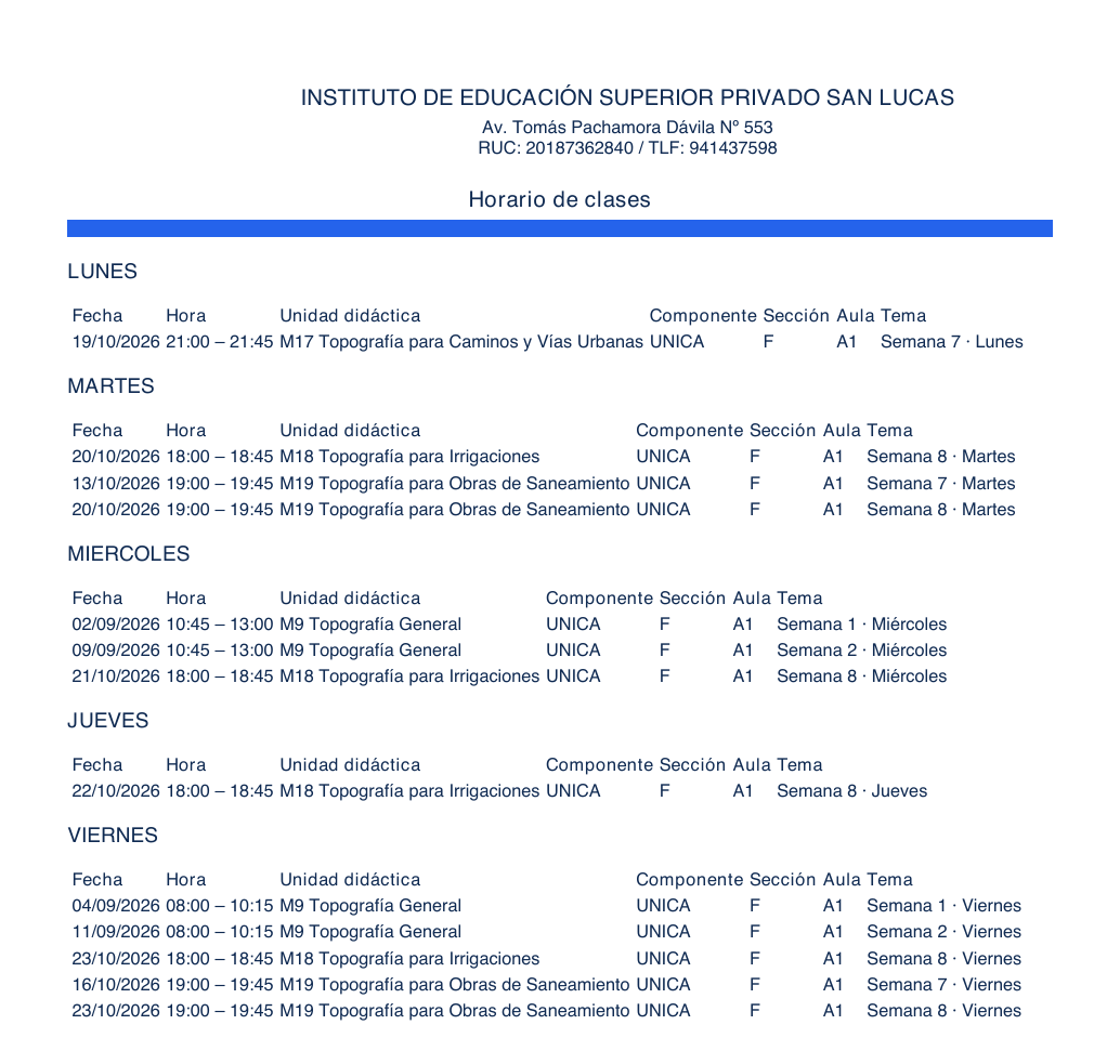 Render del horario descargado: programación por día, con M18/M19 y fechas pasadas, actuales y futuras.