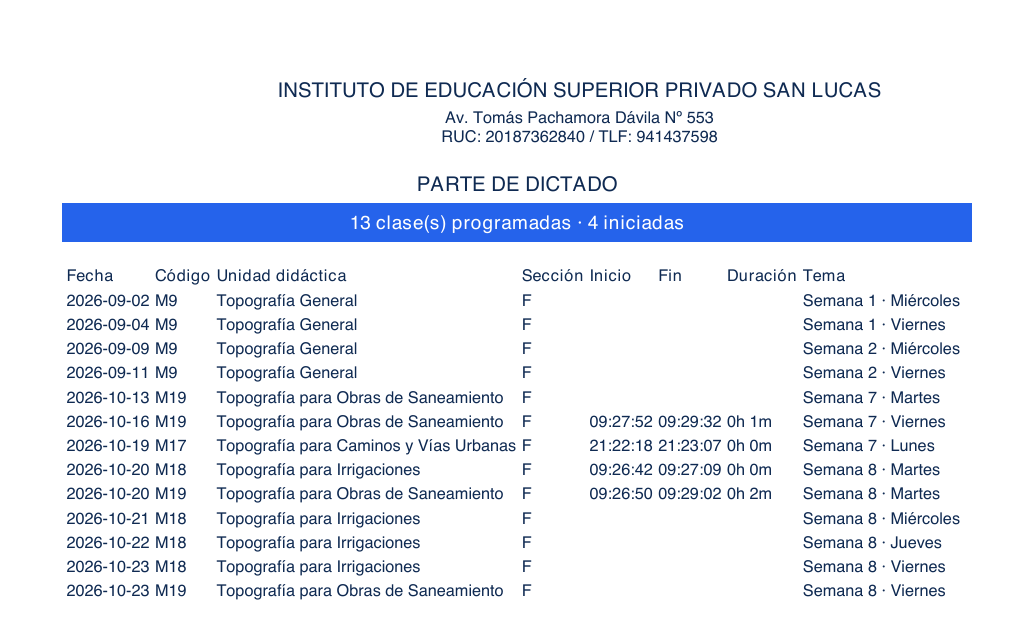 Render del parte descargado: 13 sesiones, cuatro con marcas y fechas futuras sin entrada/salida.