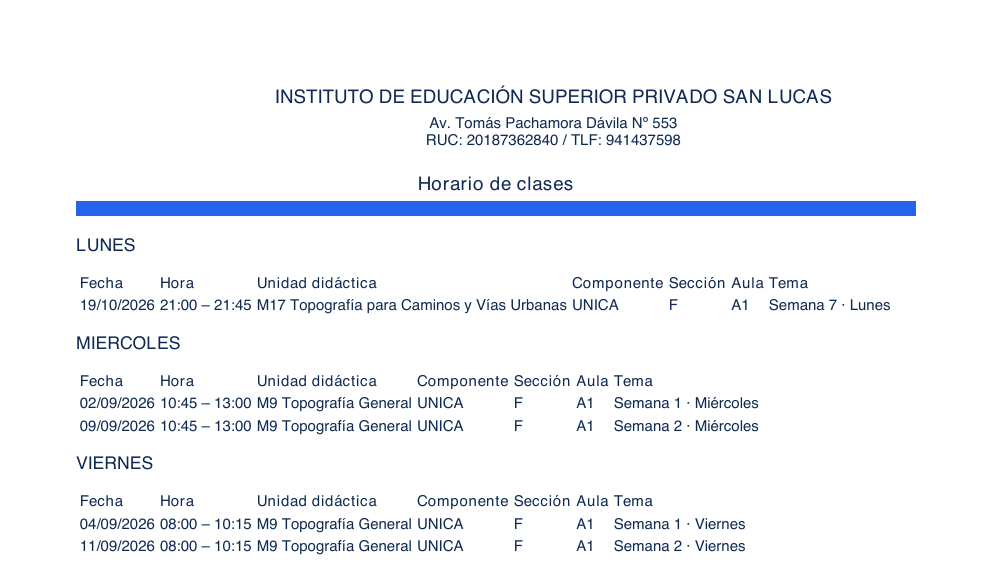 Recorte del horario PDF real actualizado: sesiones de septiembre y nueva clase de M17 del 19 de octubre.