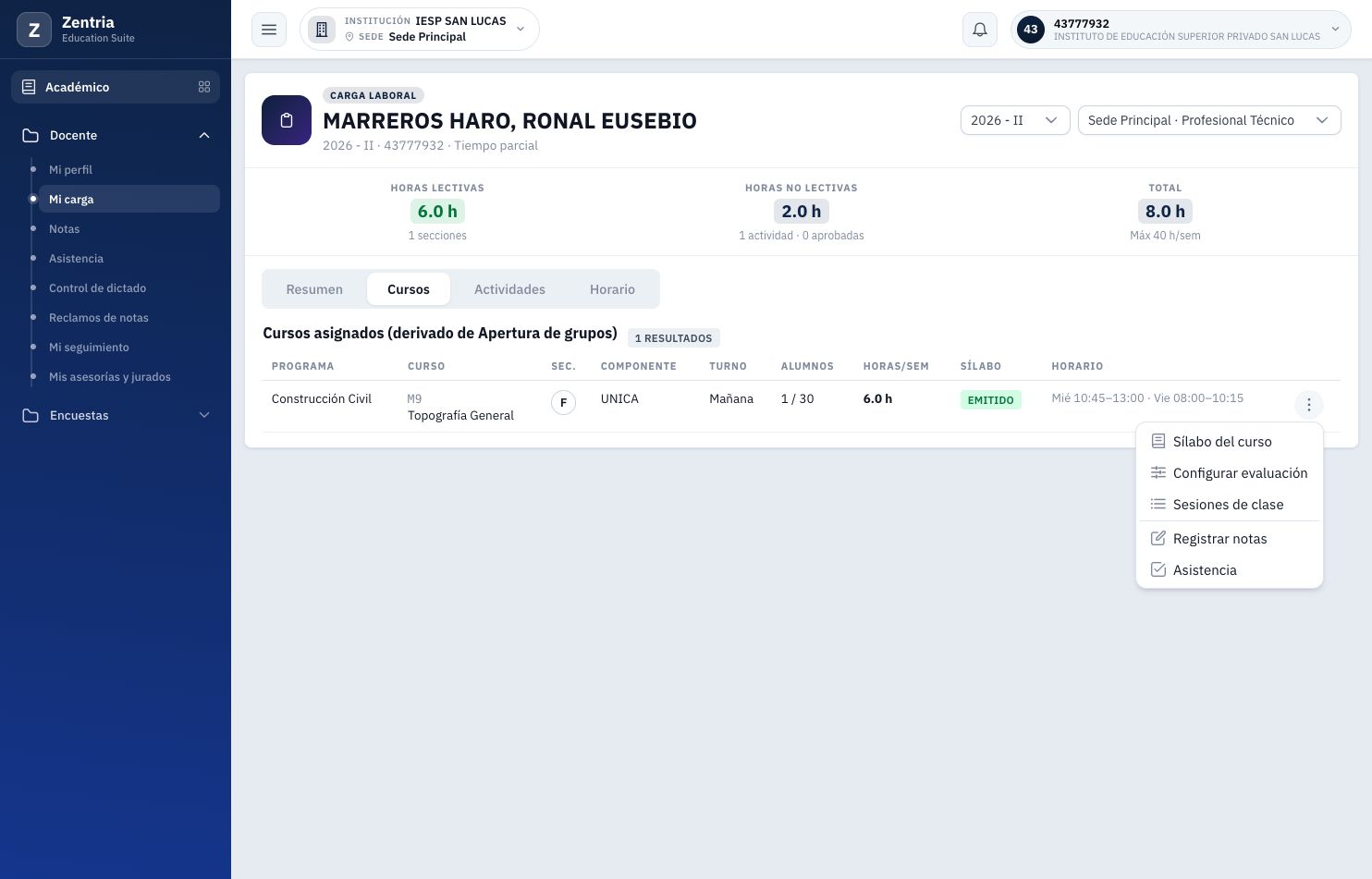 Figura 8. Menú real de la asignación: accesos al sílabo, evaluación, sesiones, notas y asistencia. Sin ejecutar operaciones.
