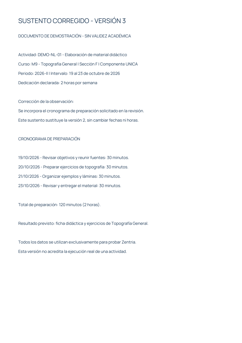 Contenido del sustento corregido V3: cronograma de preparación de 120 minutos; página renderizada del PDF de demostración.