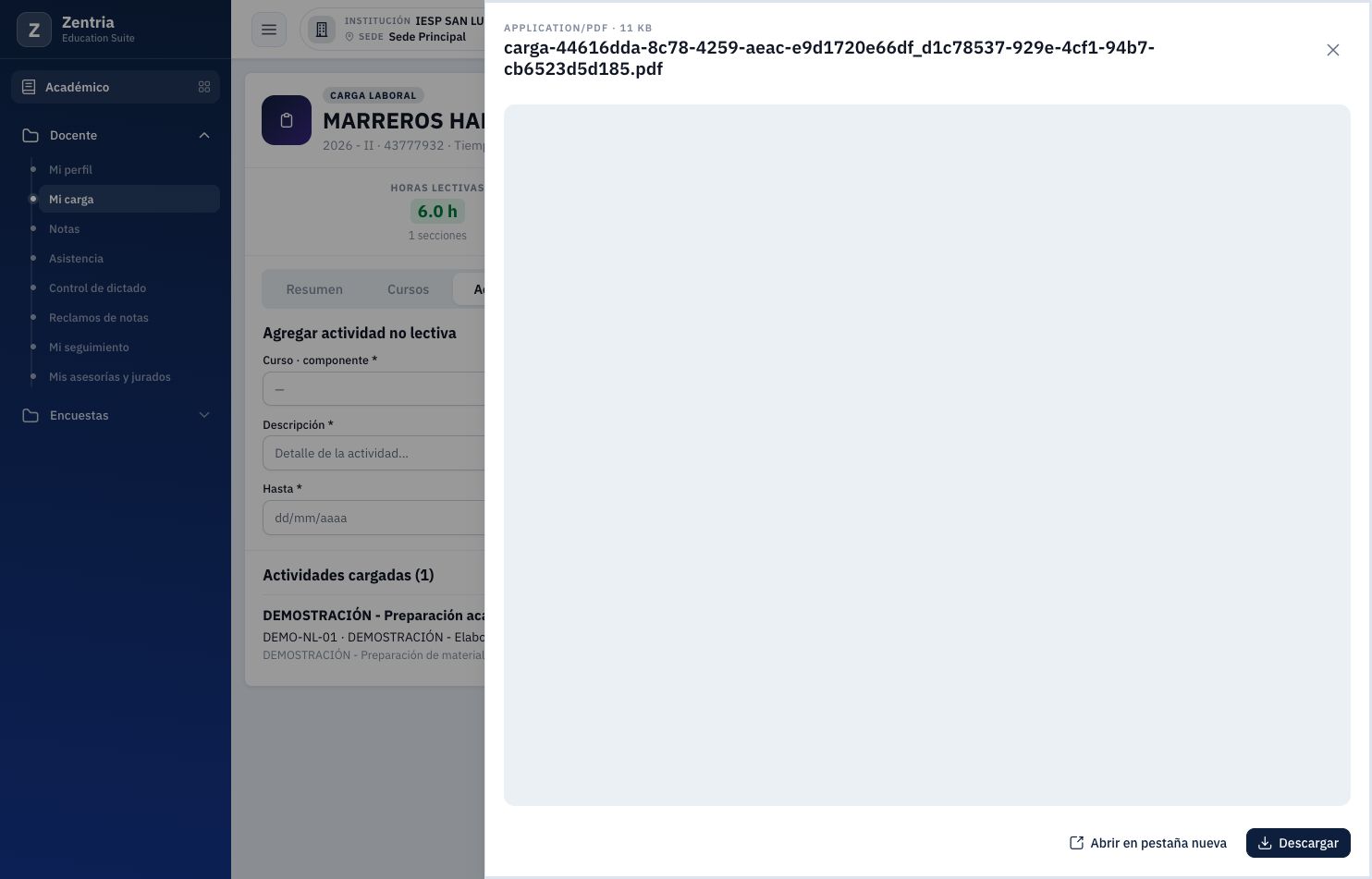 Visor del adjunto: PDF de 11 KB, nombre generado por Zentria y opción Descargar.