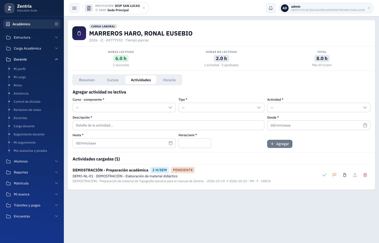 Detalle administrativo antes de aprobar: PENDIENTE, 2 H/SEM, Aprobar, Observar y Ver adjunto.