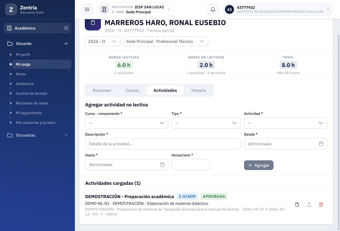 Sesión docente nueva: actividad APROBADA, 1 aprobada y PDF corregido disponible.