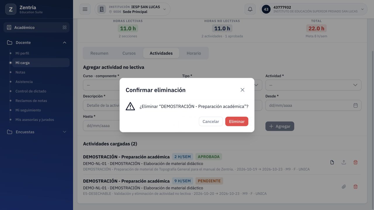 La confirmación muestra el Tipo, compartido por ambas filas; el registro temporal se identifica antes de pulsar su papelera.