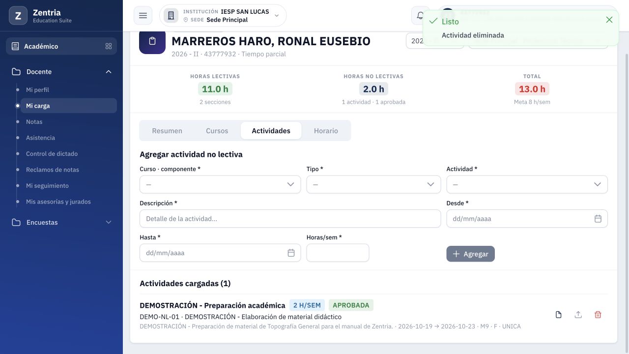 Actividad eliminada: queda una fila APROBADA y el total vuelve a 13.0 h.