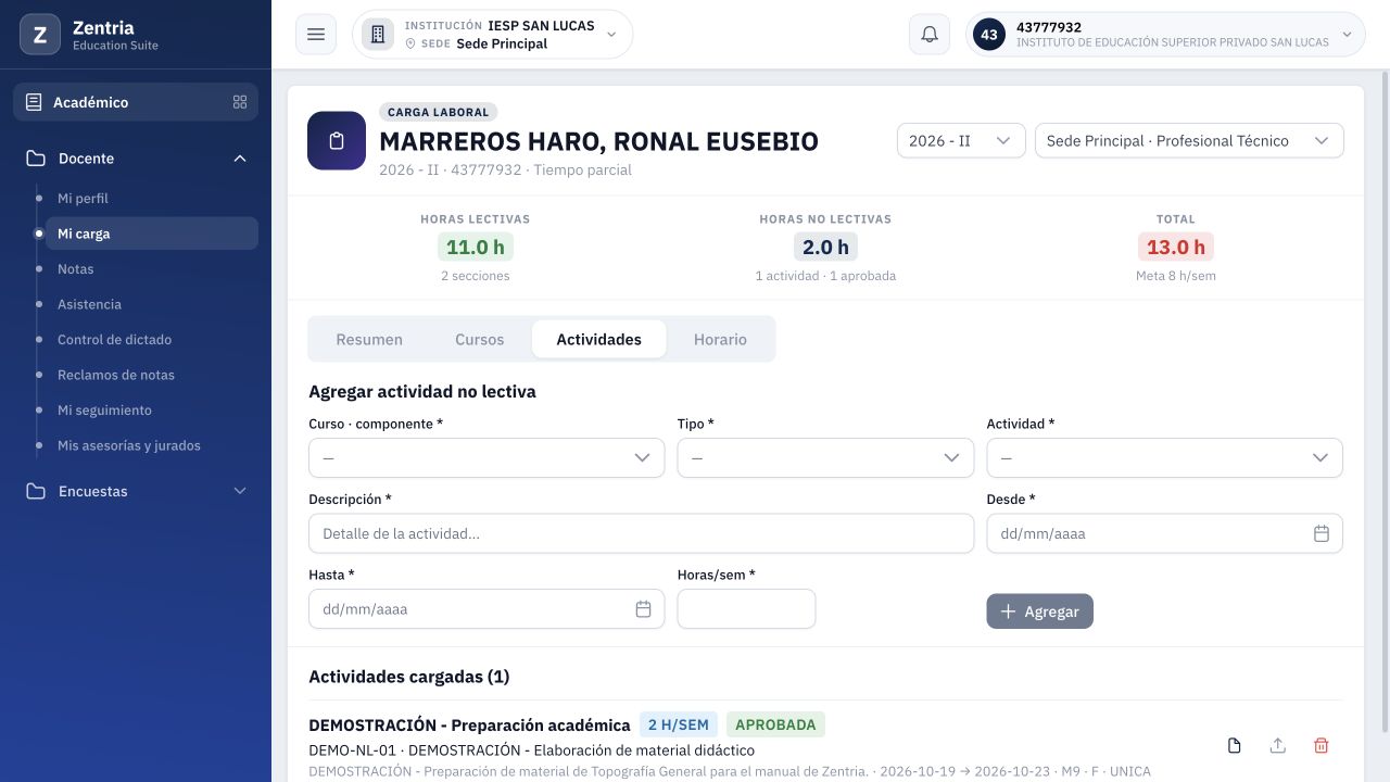 Después de recargar se mantiene únicamente la actividad original APROBADA con adjunto y 2 H/SEM.