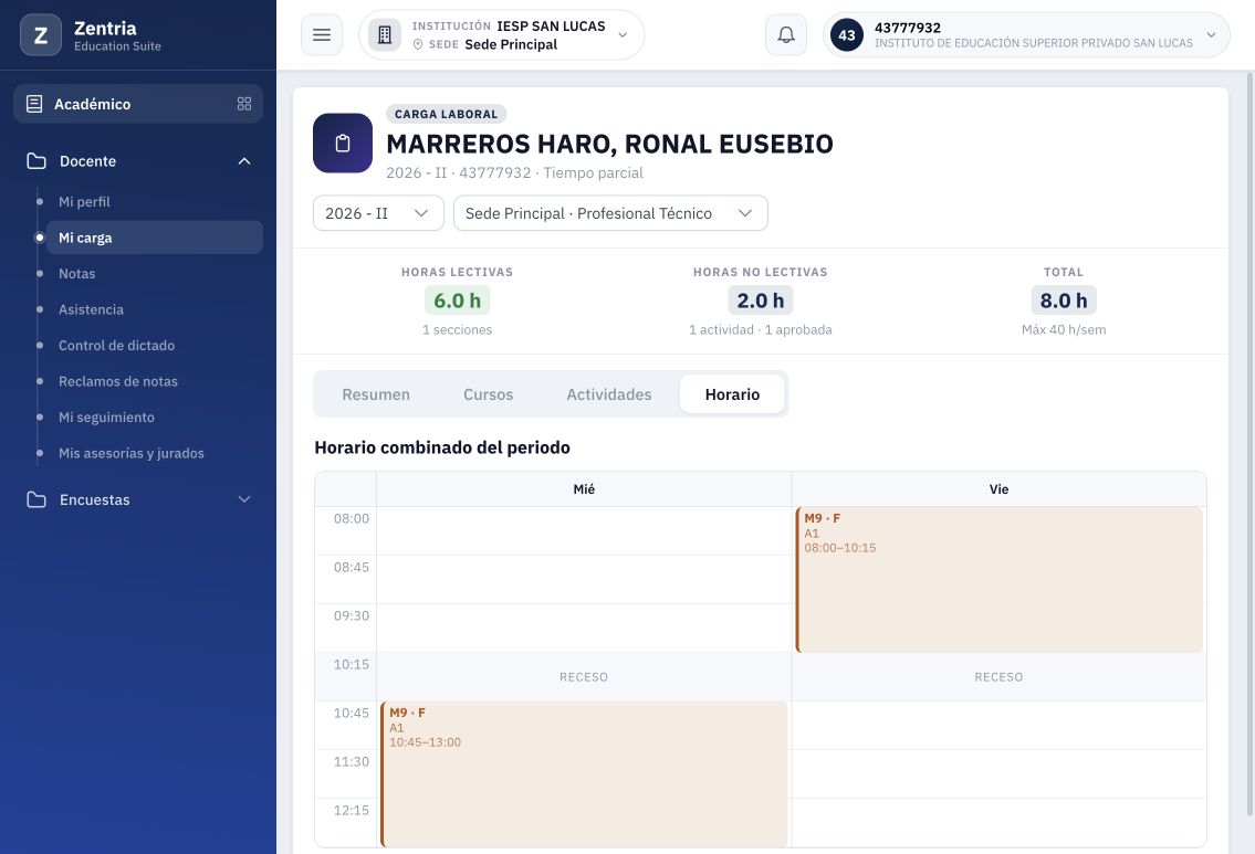 Cuadrícula horaria con encabezados Mié/Vie, horas, receso, sección y aula. Los datos ficticios y los días permanecen visibles.
