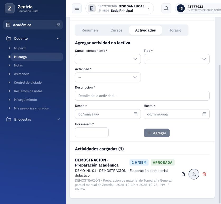 Reemplazo completado desde la cuenta docente: Archivo adjuntado; la actividad todavía figura APROBADA.
