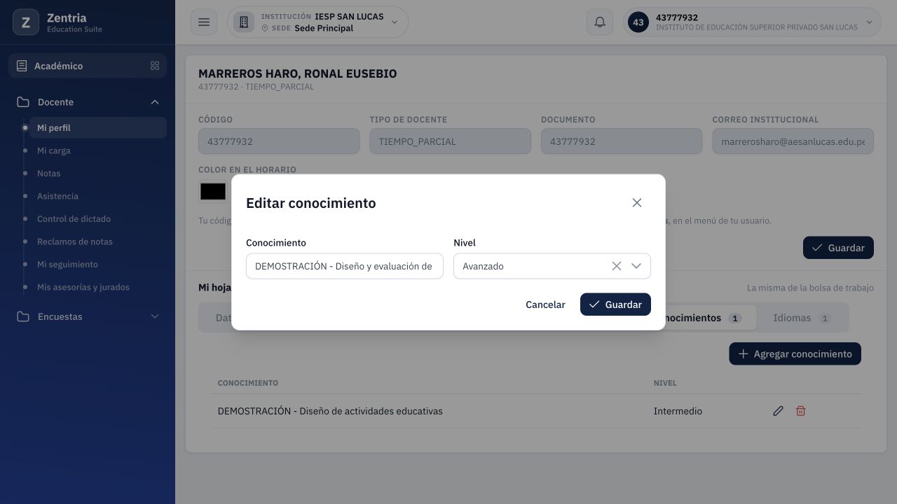 Editar conocimiento con descripción ampliada y nivel Avanzado.