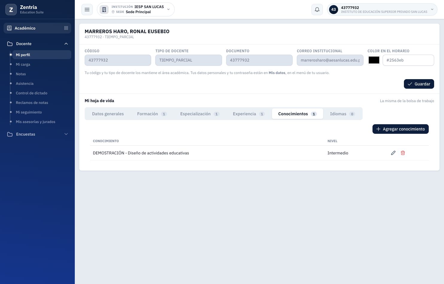 Conocimiento guardado y contador actualizado a 1.