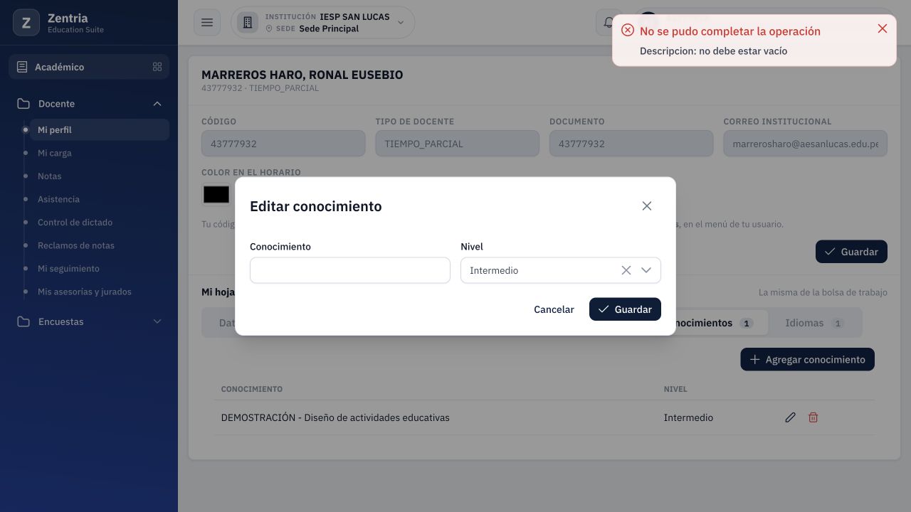 Validación real: Conocimientos rechaza Descripción vacía.