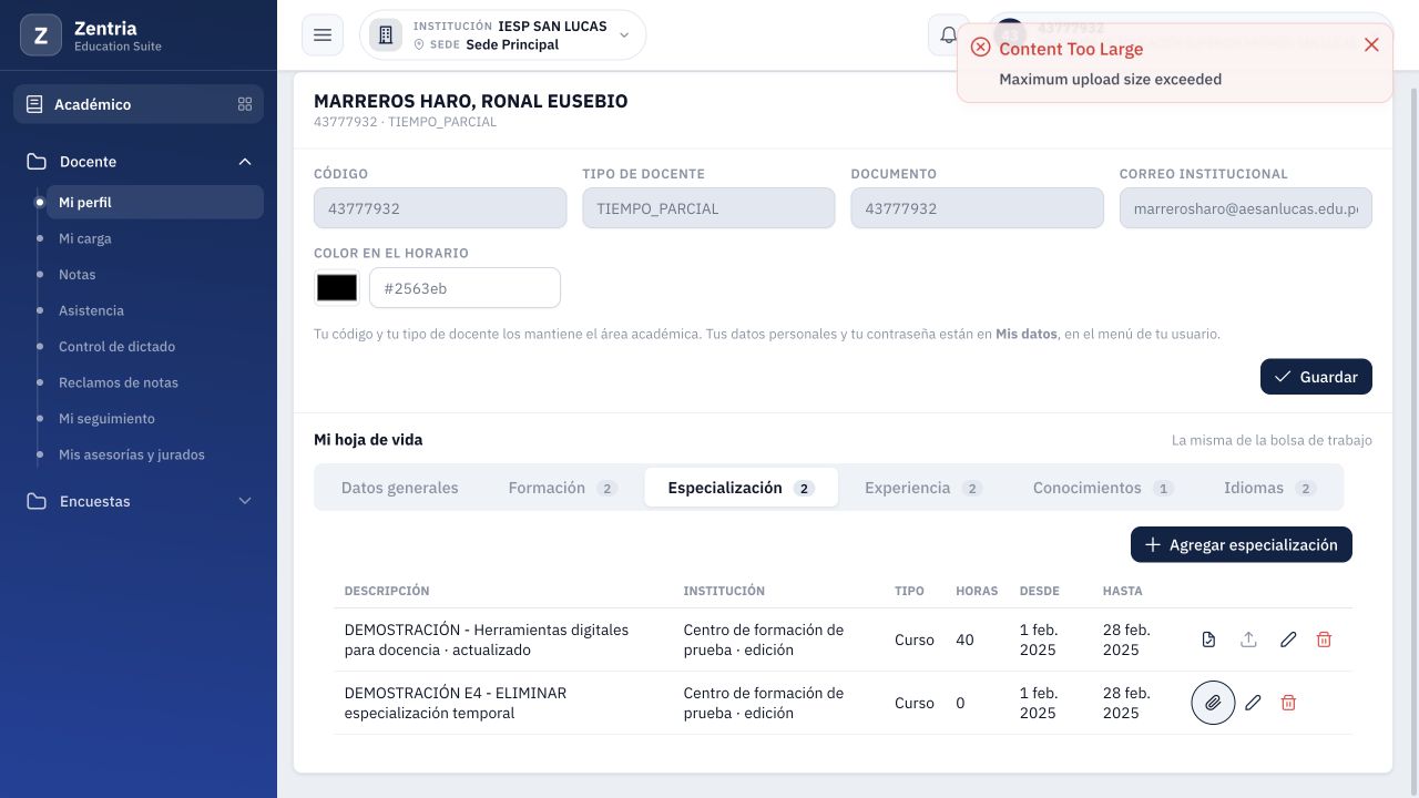 La carga de 51 MiB muestra Content Too Large y Maximum upload size exceeded.