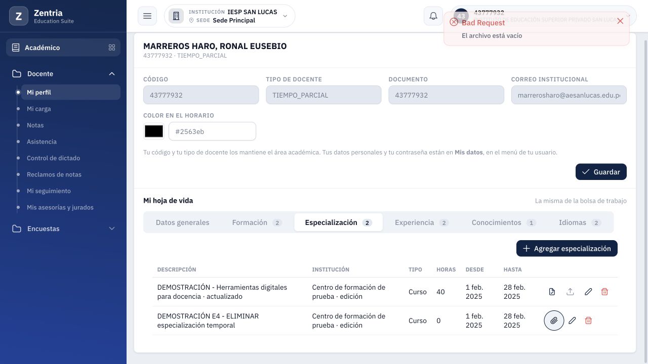 El servidor rechaza la constancia vacía con Bad Request y El archivo está vacío.