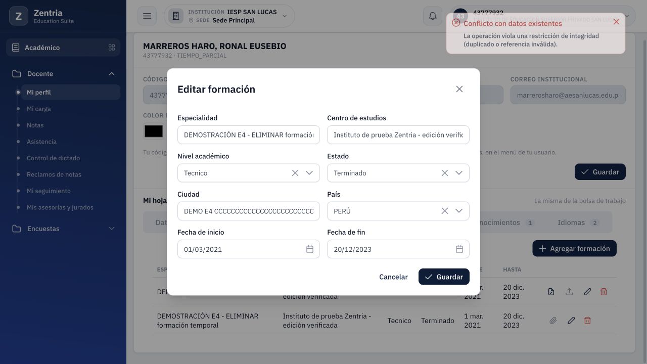 Ciudad de 256 caracteres rechazada: el cuadro sigue abierto y aparece Conflicto con datos existentes.
