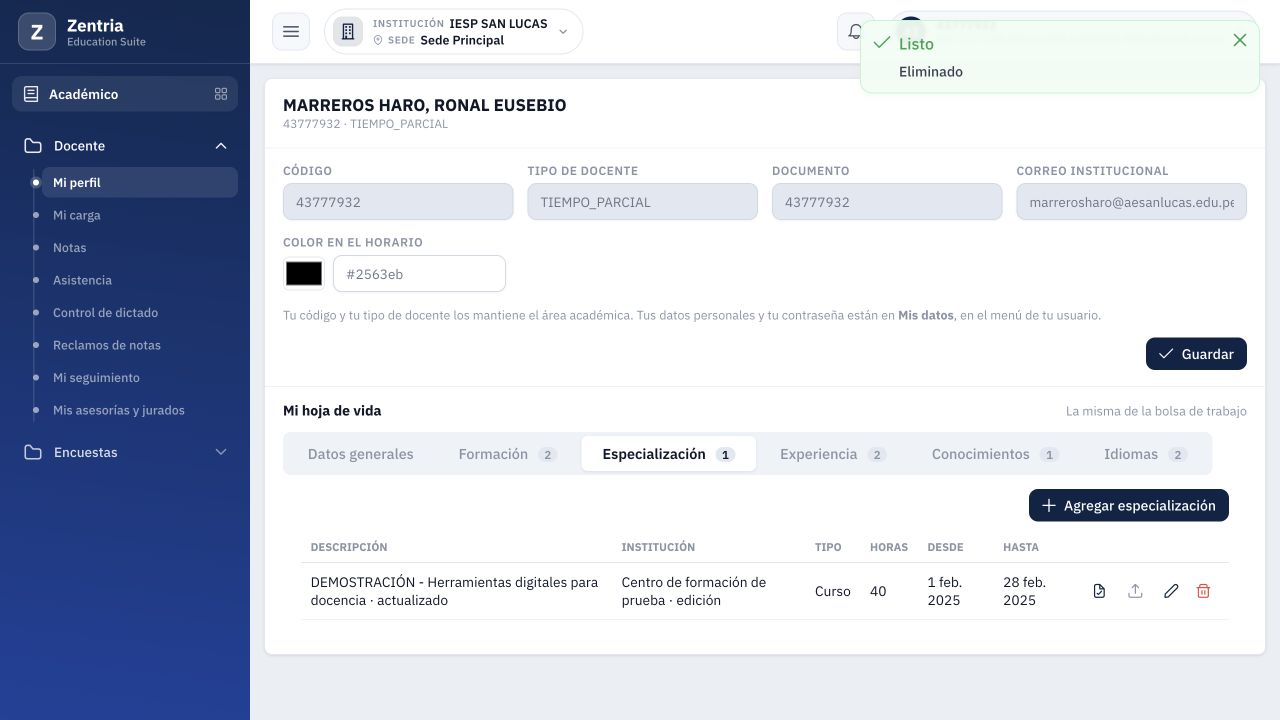 Especialización después de eliminar la fila temporal: contador 1 y registro anterior con constancia conservada.