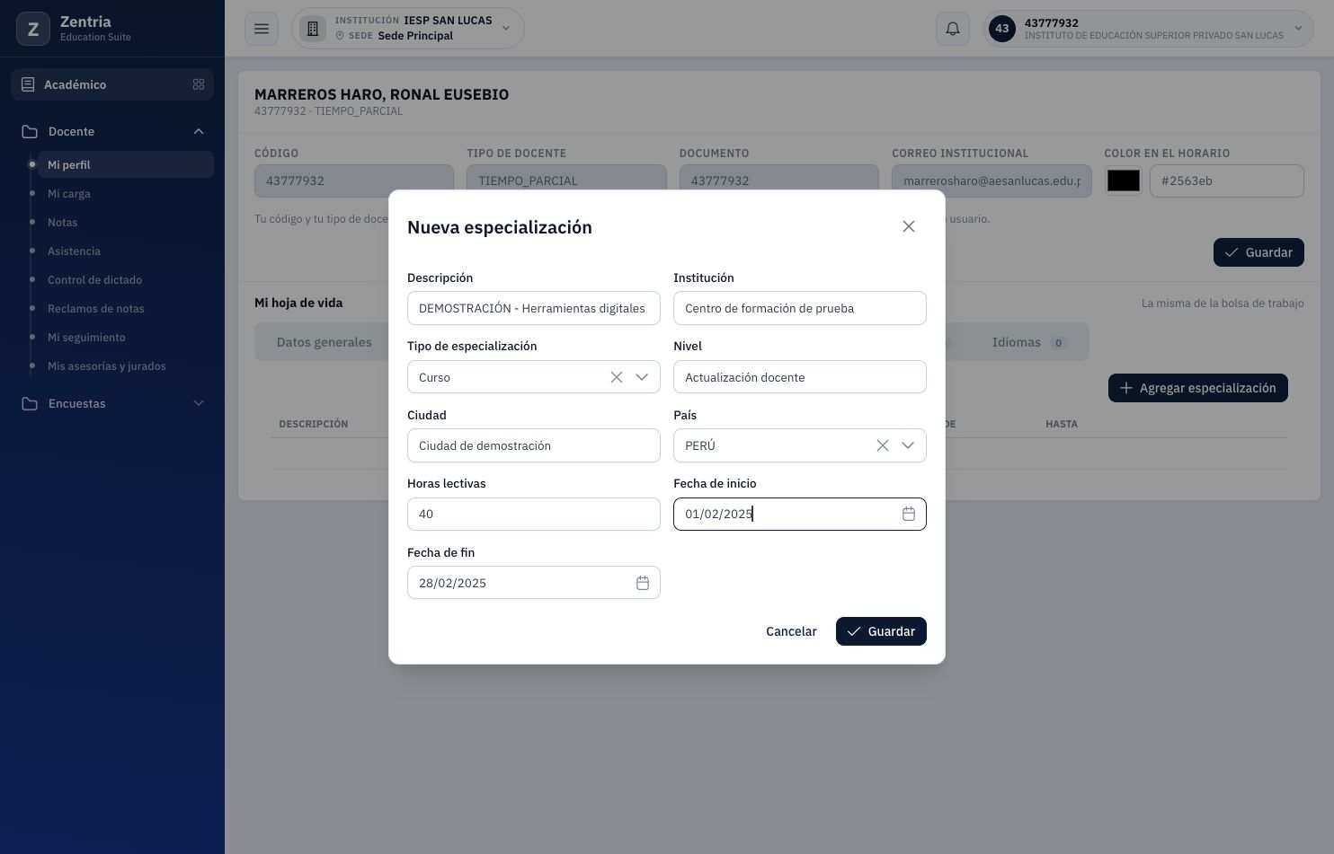 Especialización de demostración con 40 horas y fechas preparadas.