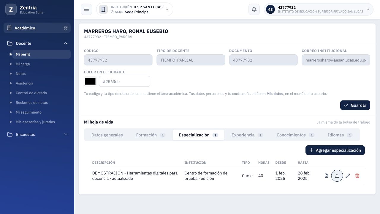 Especialización: confirmación de constancia adjuntada y control de consulta en la fila.