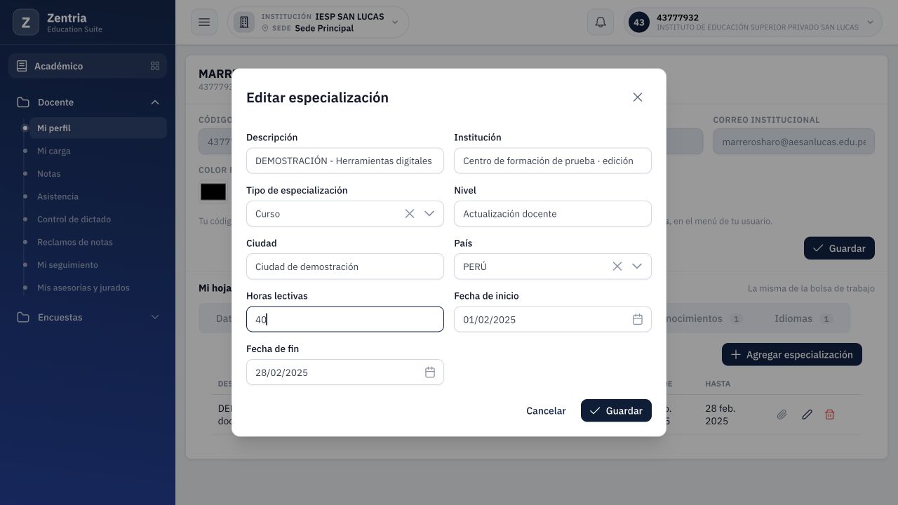 Editar especialización con descripción e institución de prueba corregidas.