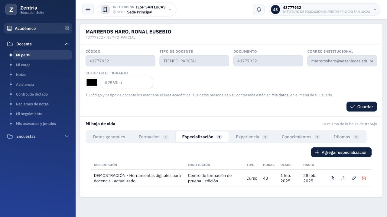 Especialización después de recargar: datos editados, 40 horas, contador 1 y Ver constancia.