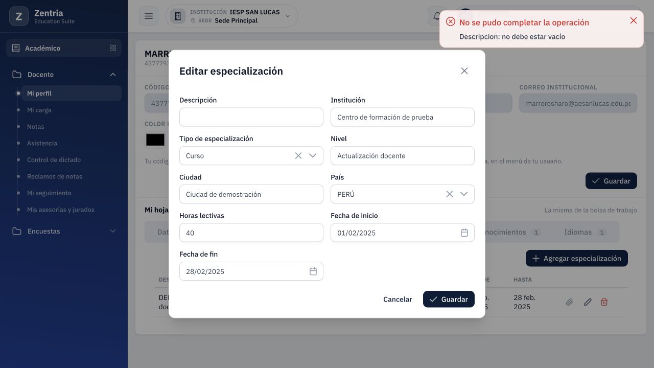 Validación real: Especialización rechaza Descripción vacía y conserva el diálogo abierto.
