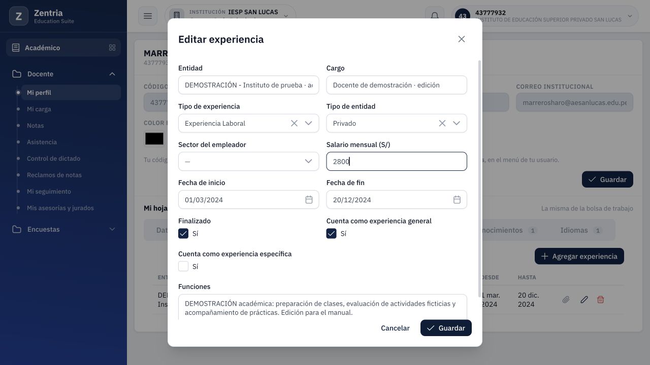 Editar experiencia: entidad, cargo, salario ficticio 2800 y funciones preparados.