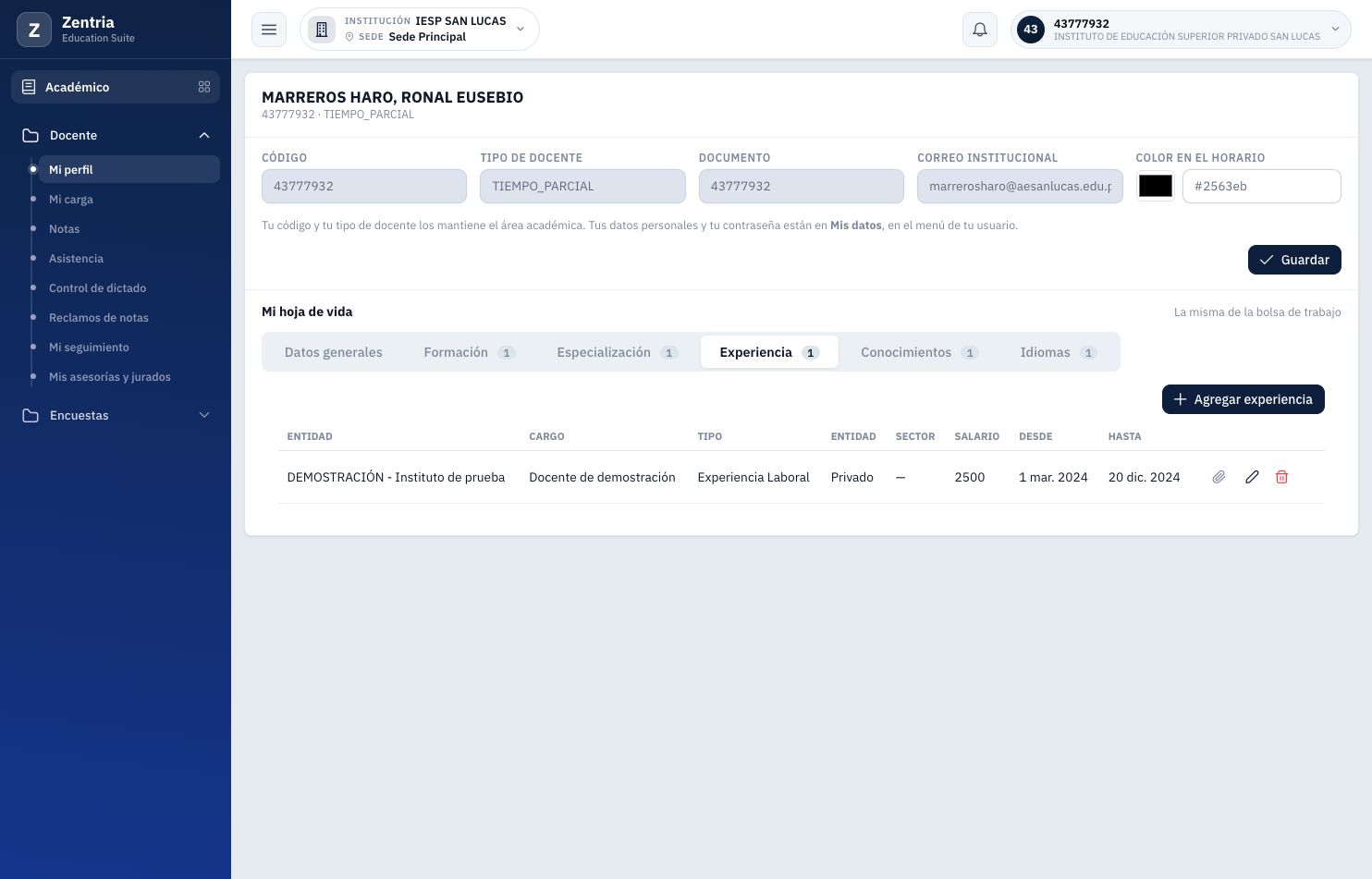 Experiencia después de recargar: salario 2500, entidad, cargo y fechas visibles.