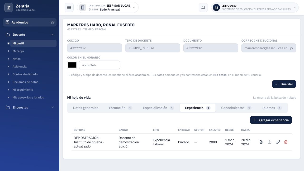 Experiencia persistente: entidad y cargo editados, salario 2800 y constancia disponible.