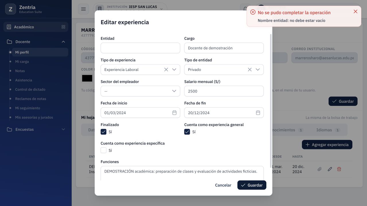 Validación real: Experiencia rechaza Entidad vacía.