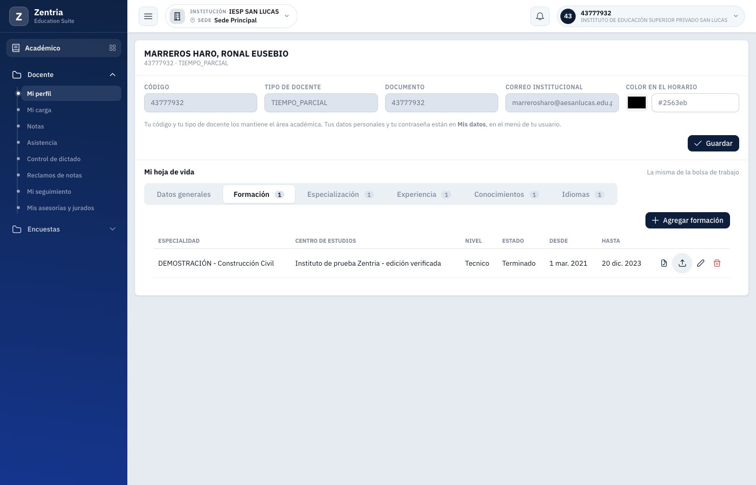 Carga de la constancia de demostración: confirmación Constancia adjuntada y control Ver constancia.