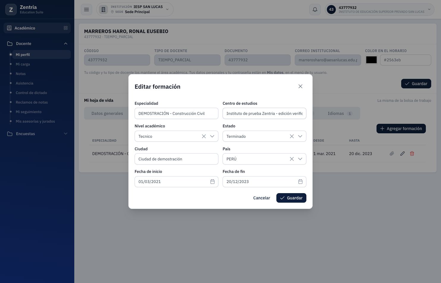Editar formación: cambio del centro de estudios del registro creado.