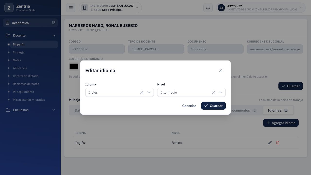 Editar idioma: Inglés conservado y nivel Intermedio seleccionado antes de guardar.