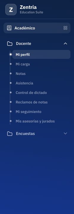 Recorte del menú real de la cuenta docente: Académico, categoría Docente y accesos de trabajo. Se excluye la cabecera personal.