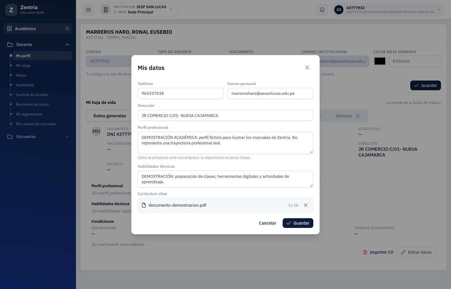 Datos generales preparados: presentación ficticia, habilidades y archivo de CV seleccionado antes de Guardar.
