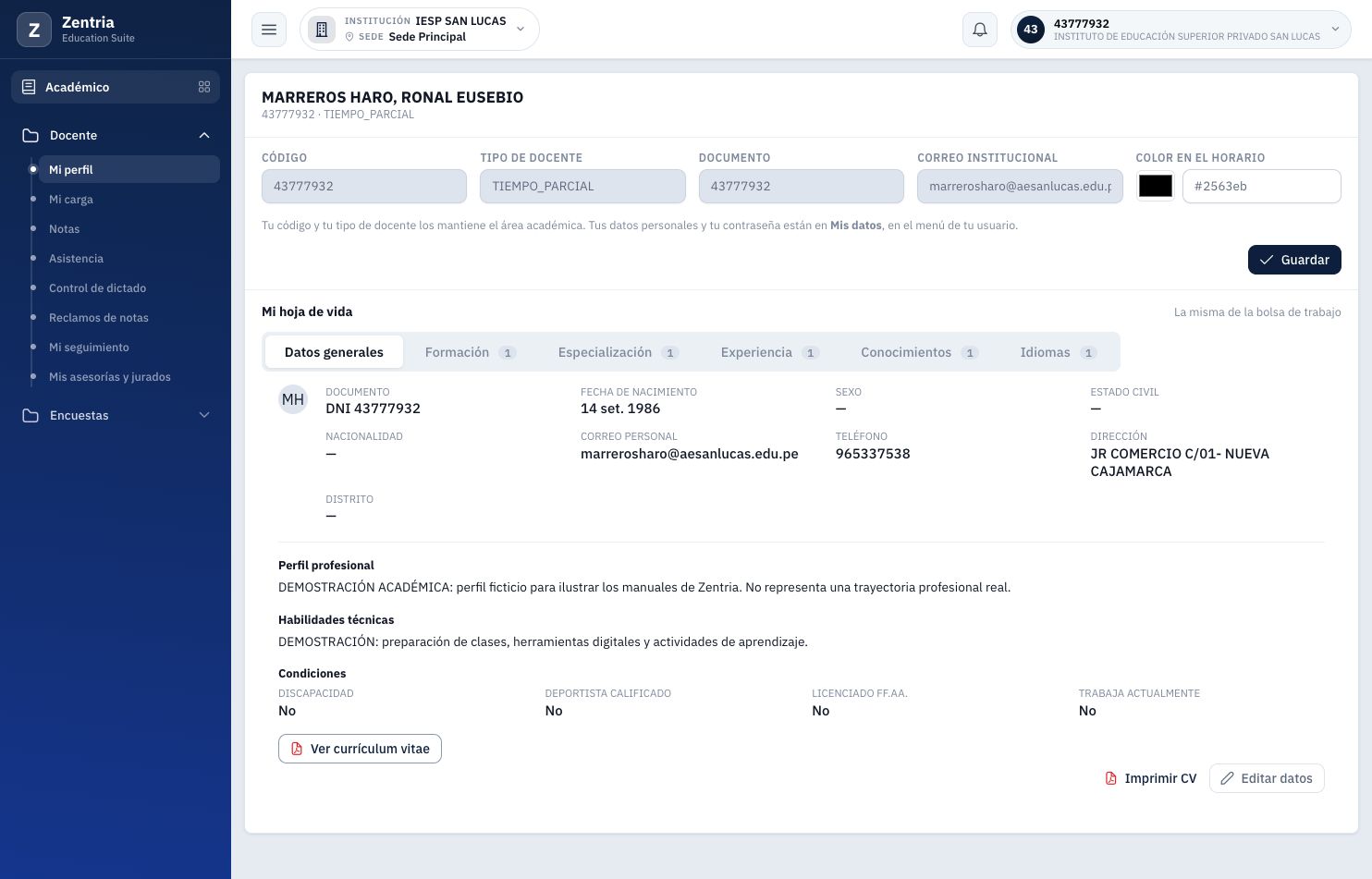 Datos generales después de recargar: textos de demostración y Ver currículum vitae disponibles.
