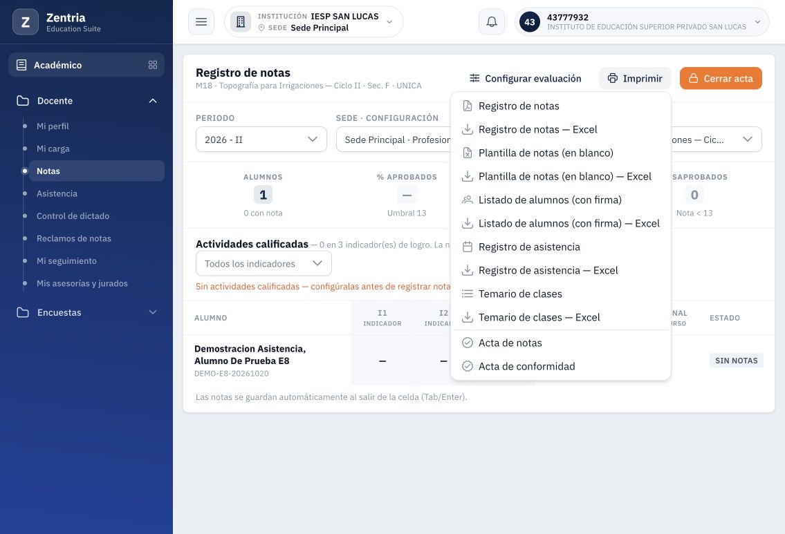 Notas > Imprimir ofrece Registro de asistencia y Registro de asistencia — Excel.