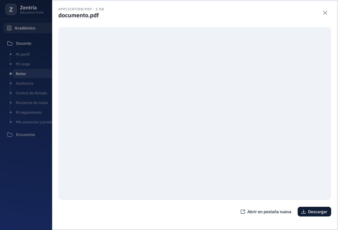 Visor del reporte PDF del sistema, disponible para Descargar.
