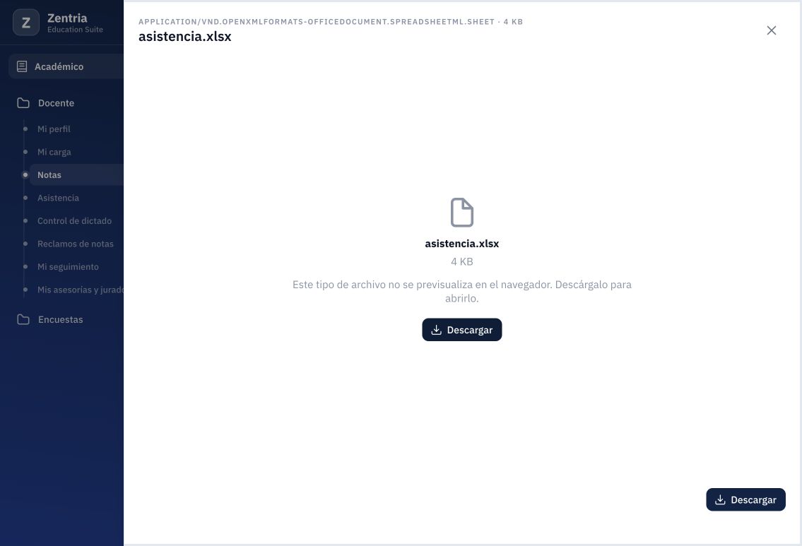 Visor de asistencia.xlsx: no previsualiza la hoja; ofrece Descargar.