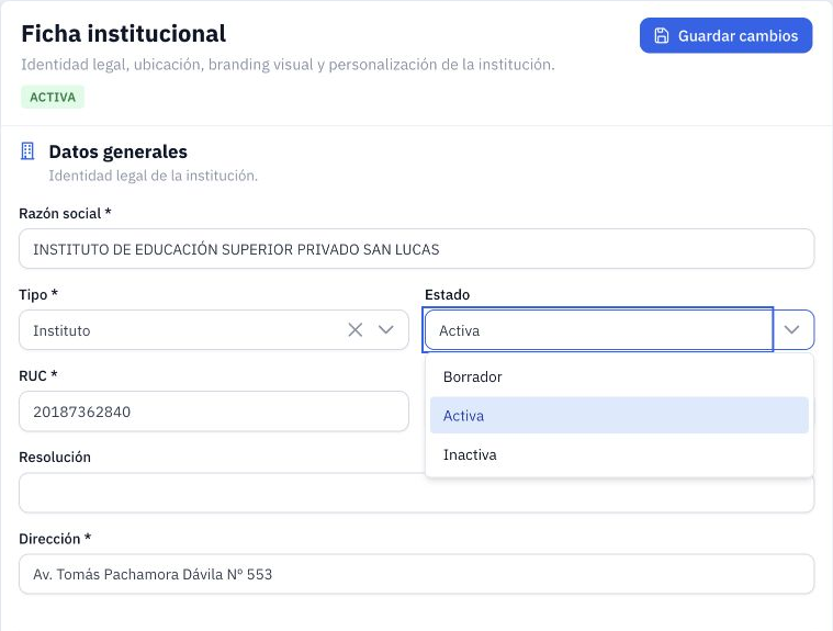 Lista Estado desplegada con las opciones Borrador, Activa e Inactiva. El botón Guardar cambios está en la parte superior.