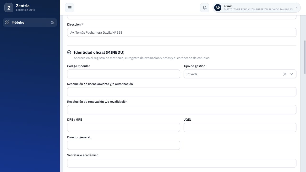 Campos de Identidad oficial MINEDU, incluyendo código modular, tipo de gestión, resoluciones, DRE o GRE, director general y secretario académico.