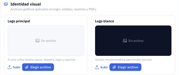 Bloques Logo principal y Logo blanco con sus controles Elegir archivo.