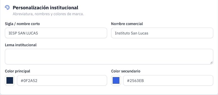 Personalización institucional con sigla, nombre comercial, lema y selectores de color principal y secundario.