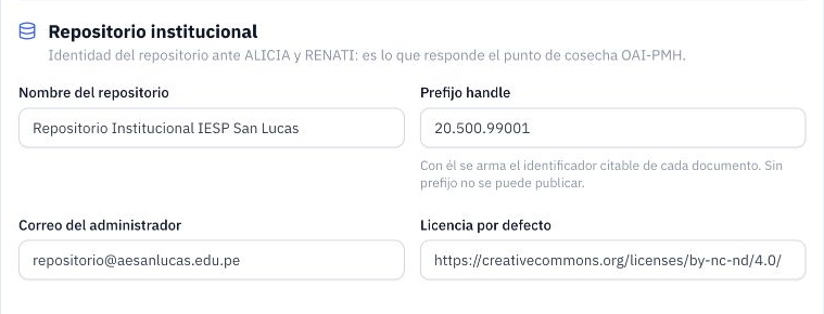 Datos del repositorio institucional: nombre, prefijo handle, correo del administrador y licencia por defecto.