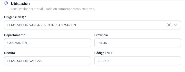 Sección Ubicación con el selector de ubigeo y los campos de departamento, provincia, distrito y código INEI.