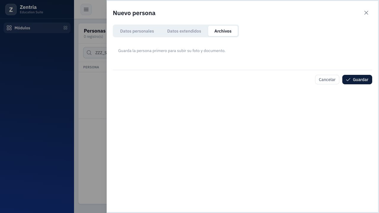 Archivos en un alta nueva: el aviso pide guardar primero la persona. No se creó ningún registro para obtener esta imagen.