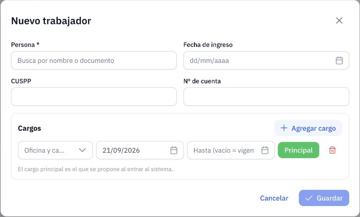 Fila de asignación con oficina/cargo, fechas y cargo principal.