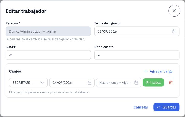 Editar trabajador: persona bloqueada y asignación existente.