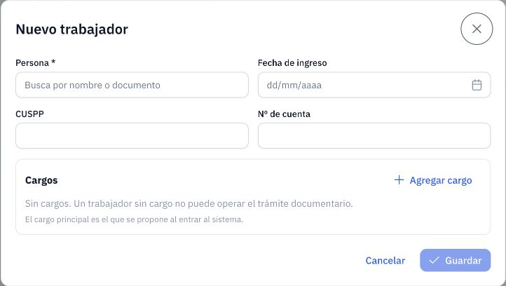 Nuevo trabajador, búsqueda de persona y datos de ingreso.