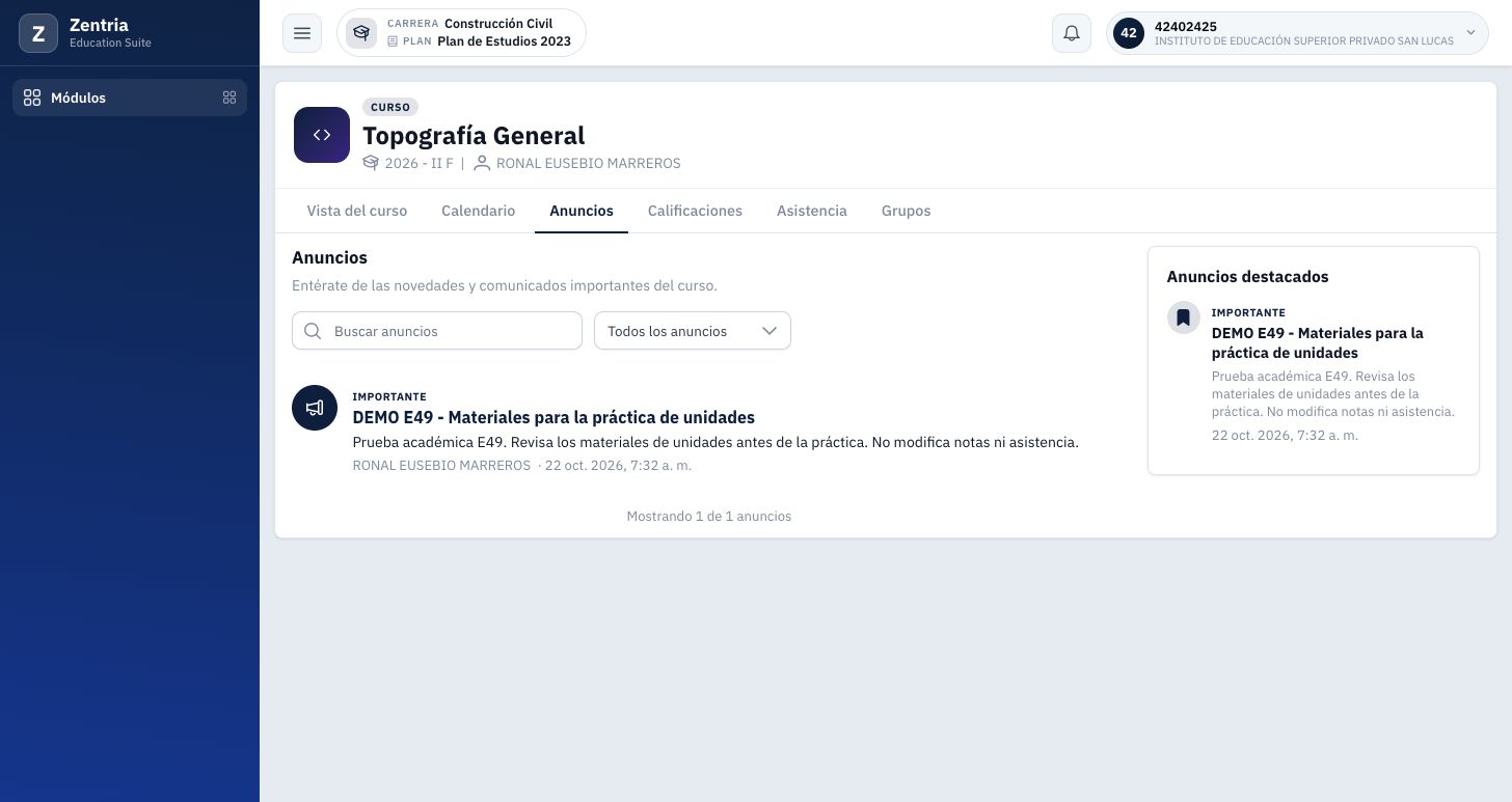 Alumno: anuncio E49 publicado, etiqueta IMPORTANTE y panel de destacados, sin controles de creación o destacado.
